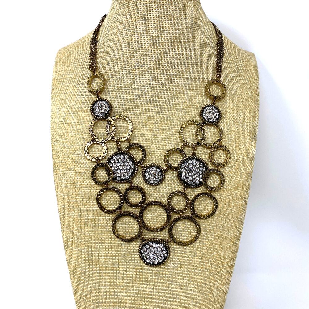 AMRITA SINGH Statement Necklace Antique Gold Tone Circles Crystals Bib Collar